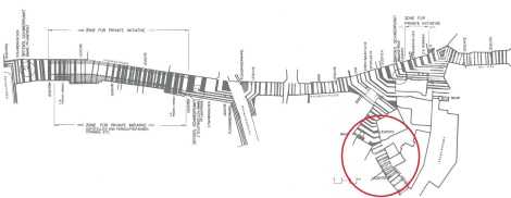 Das originale Streifendesign der Hattinger Fußgängerzone – im Kreis: der obere Teil der Kleinen Weilstraße. Grafik: Einsele in Projekt 9/Krämer Verlag 1971